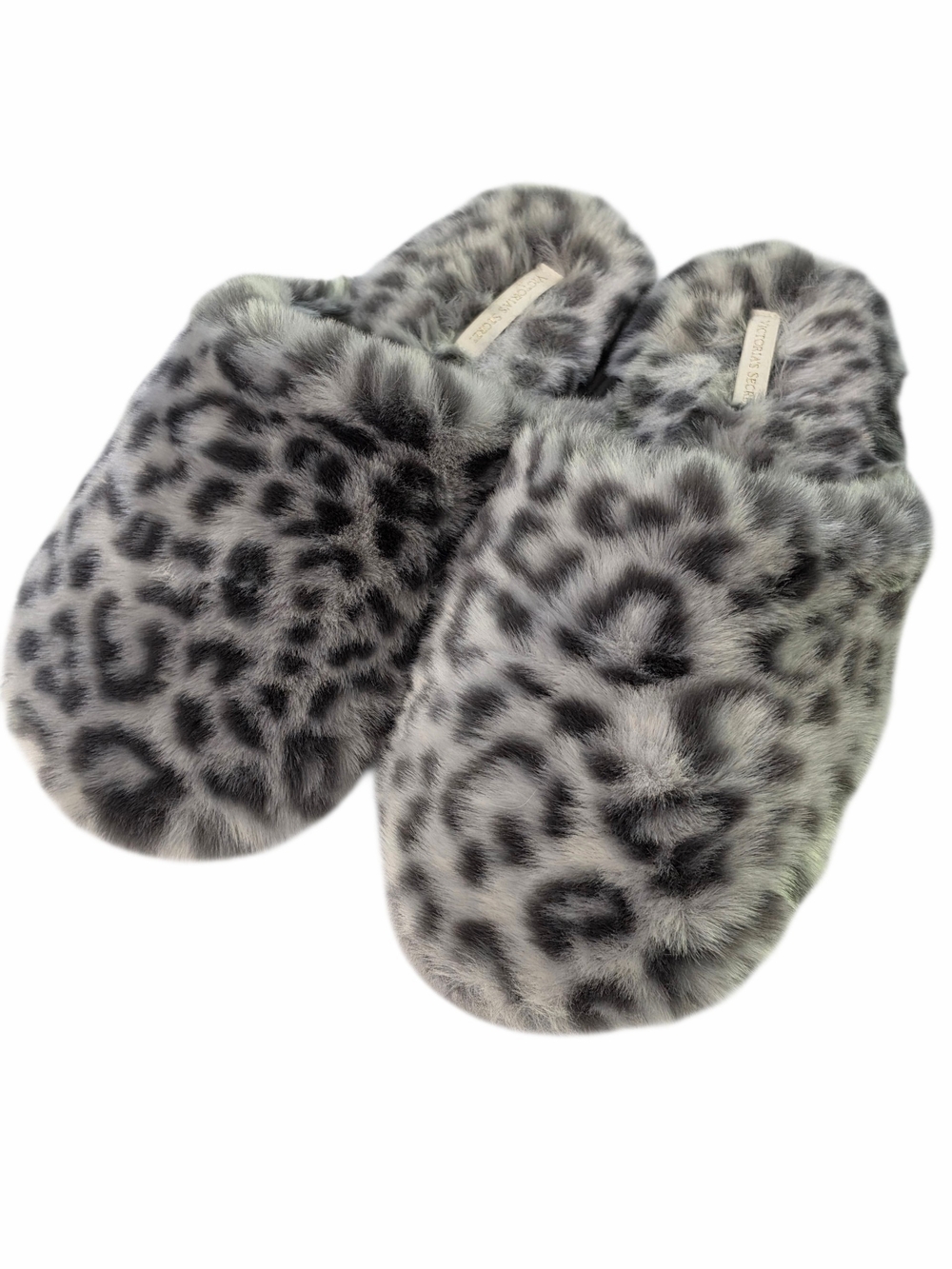 Victoria's Secret Gray Leopard Print Faux Fur Slippers Size Large Cozy Plush